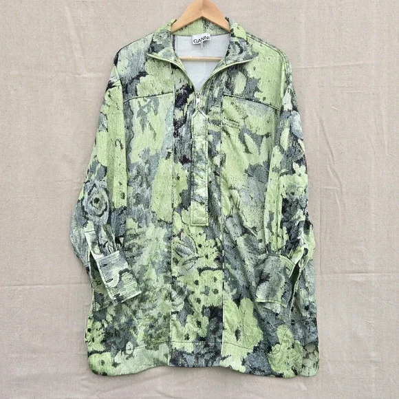 Ganni | Dresses | Ganni Half Zip Green Abstract Floral Printed Mini Dress  Relaxed Fit Size 36 S | Poshmark